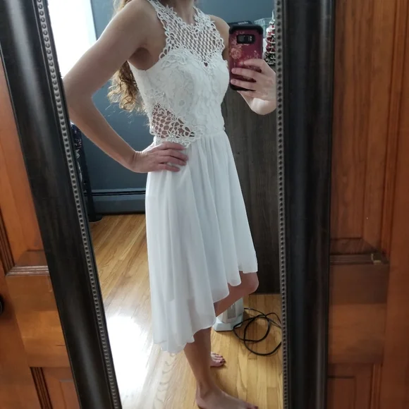 City Triangles White Lace Illusion High Low Dress - Picture 4 of 10
